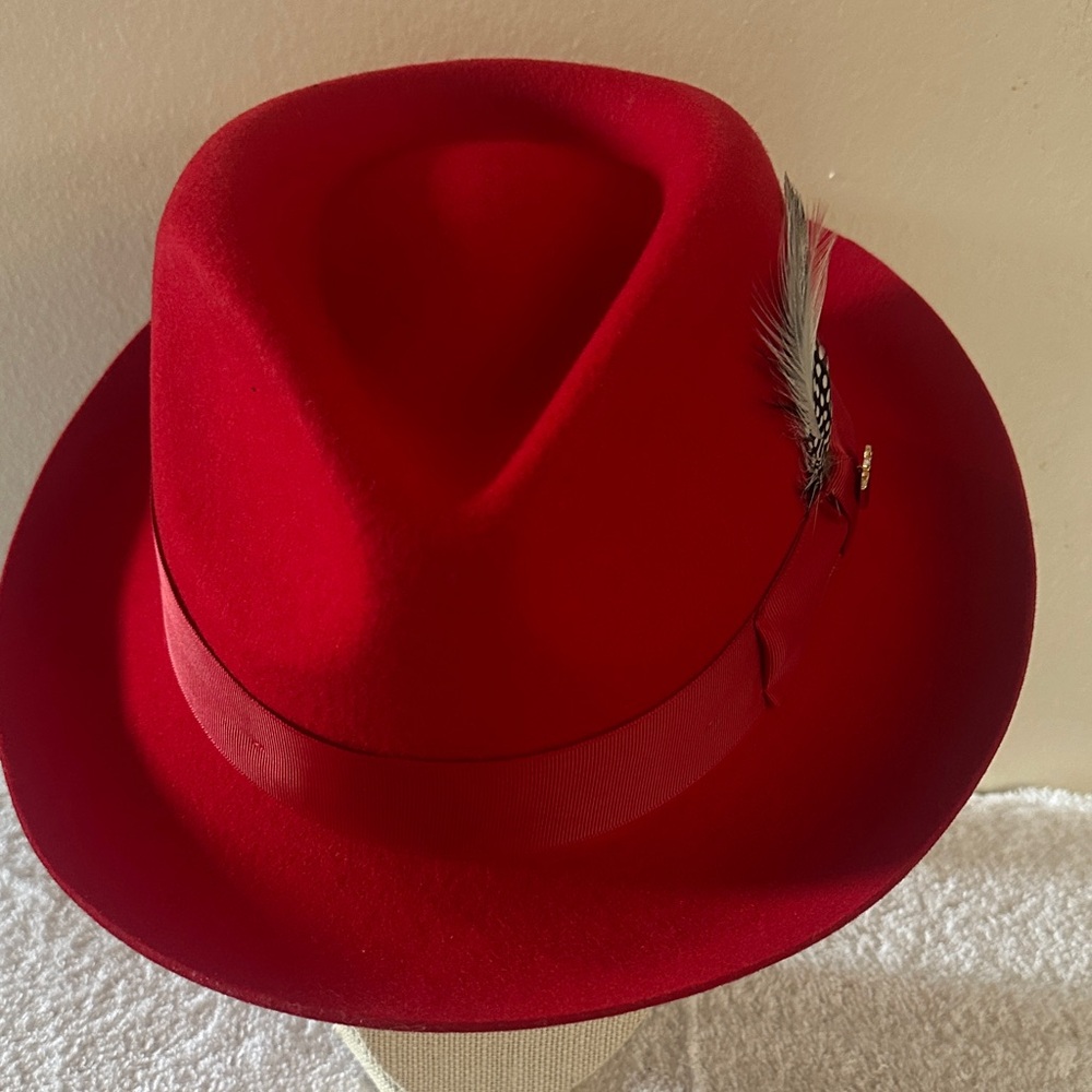 Red Fedora Hat with Feather Accent - Women Accessories